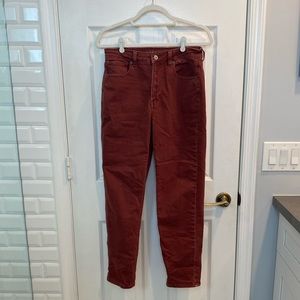 american eagle high rise dark red stretch mom jean